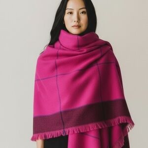 Vibrant Fuscia Pink and Black Fringed Shawl Scarf